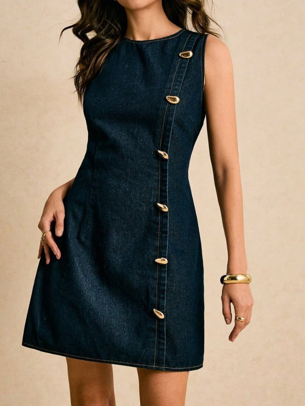 Dark Wash Casual Women's Sleeveless Button-Front Short Dress with Fitted Waist - Picture 4 of 8